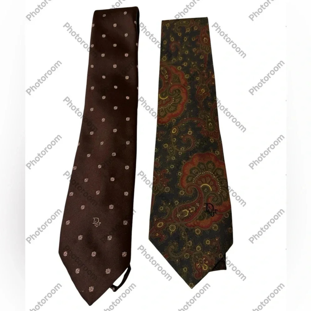Two Dior ties in brown colors with cute prints. The logo on the front and back